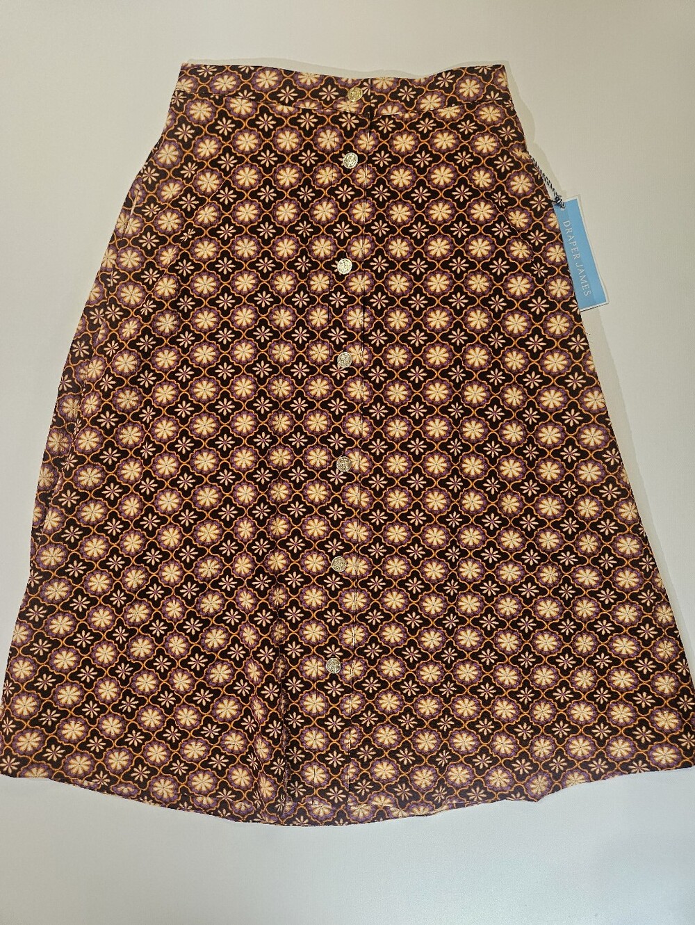 NWT Draper James Midi Skirt Womens XS Gold Brown Geometric Floral Retro Style